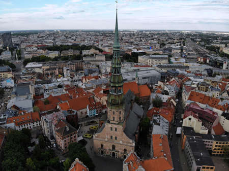 Aerial view from above on the great baltic city Riga. The capital of Latvia. One of the most beautiful and autentic city in Europe. A place you wnt to come back. Created by drone.の写真素材