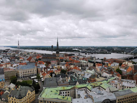 Aerial view from above on the great baltic city Riga. The capital of Latvia. One of the most beautiful and autentic city in Europe. A place you wnt to come back. Created by drone.の写真素材