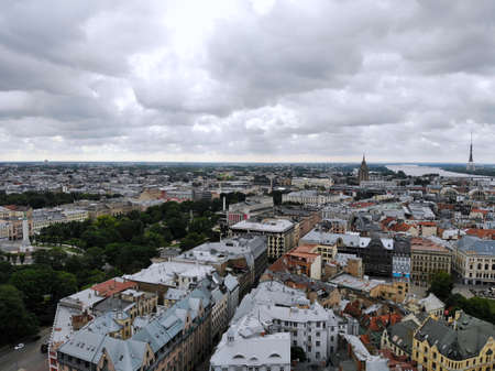 Aerial view from above on the great baltic city Riga. The capital of Latvia. One of the most beautiful and autentic city in Europe. A place you wnt to come back. Created by drone.の写真素材