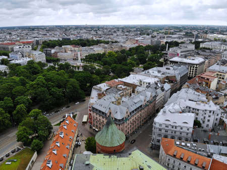 Aerial view from above on the great baltic city Riga. The capital of Latvia. One of the most beautiful and autentic city in Europe. A place you wnt to come back. Created by drone.の写真素材