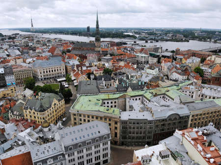 Aerial view from above on the great baltic city Riga. The capital of Latvia. One of the most beautiful and autentic city in Europe. A place you wnt to come back. Created by drone.の写真素材