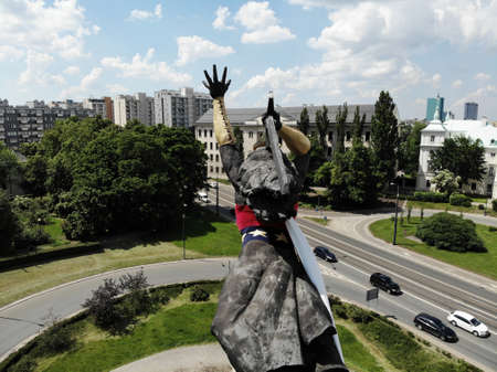 Amazing view from above. The capital of Poland. Great Warsaw. city center and surrondings. Aerial photo created by drone. Monument to the Heroes of Warsawの写真素材