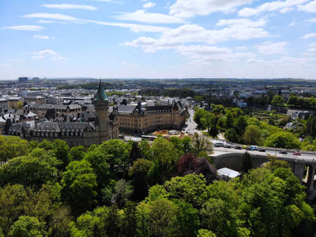 Beautiful view from above, Luxemburg. The capital of Kingdom Luxemburg. Small European country with great culrure and outstanding landscapes. Aerial photo created by drone.の写真素材