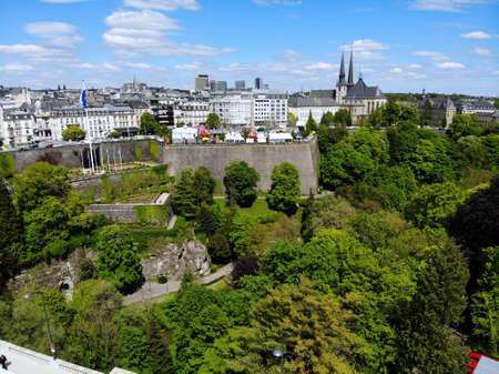 Beautiful view from above, Luxemburg. The capital of Kingdom Luxemburg. Small European country with great culrure and outstanding landscapes. Aerial photo created by drone.の写真素材