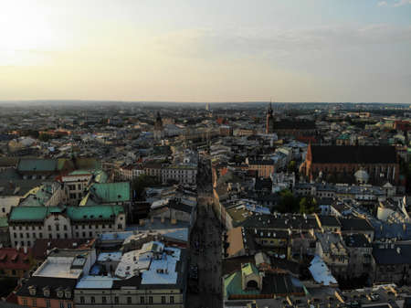 Aerial photo from drone. The culture and historical capital of Poland. Comfortable and beautiful Krakow. The land of Legend. Amazing sunset capture.の写真素材