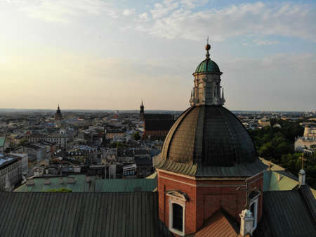 Aerial photo from drone. The culture and historical capital of Poland. Comfortable and beautiful Krakow. The land of Legend. Amazing sunset capture.の写真素材