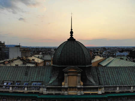 Aerial photo from drone. The culture and historical capital of Poland. Comfortable and beautiful Krakow. The land of Legend. Amazing sunset capture.の写真素材