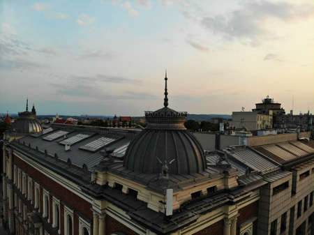 Aerial photo from drone. The culture and historical capital of Poland. Comfortable and beautiful Krakow. The land of Legend. Amazing sunset capture.の写真素材