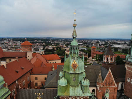 Aerial photo from drone. The culture and historical capital of Poland. Comfortable and beautiful Krakow. The land of Legend. The Wawel Castle.のeditorial素材