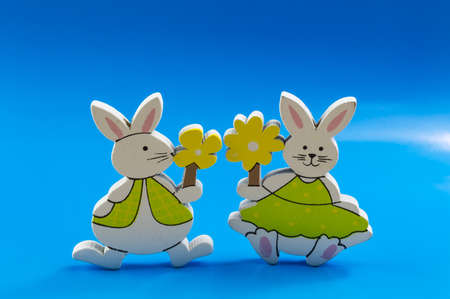 Easter bunnies on blue backgroundの写真素材