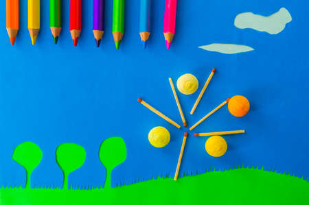 Children s play  apple tree on blue skyの写真素材