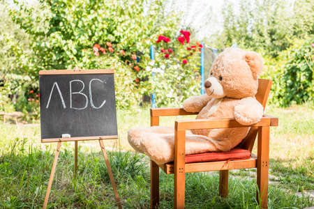 Teddy bear with written letters on blackboard outdoors. Education concept. Back to schoolの写真素材