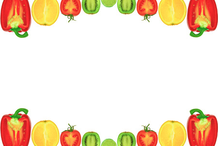 The frame of the halves of the fruit and vegetables on a white backgroundの写真素材