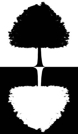 Black and white silhouette of a tree isolated on white-black backgroundの写真素材