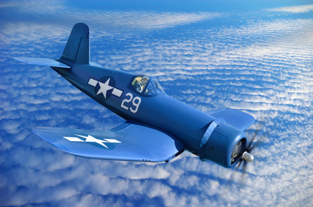 American carrier-based fighter is flying against the blue sky