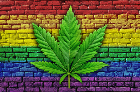 Cannabis leaf on a multicolored, brick wall. Rastaman flag.の写真素材