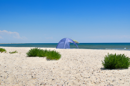 Clean, sandy beach against the blue sea. Landscape on a wild beach. The sea in the summer.の写真素材