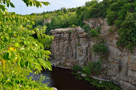 Green trees in a canyon against a cloudy sky backgroundの写真素材