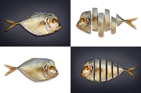Cooked flat body fish isolated on black and white background