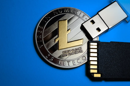 Digital cryptocurrency concept on a dark backgroundの写真素材