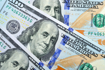 Close-up of President Franklin on US one hundred dollar bills