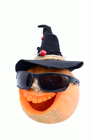 Halloween emoji, smiling pumpkin, jack o lantern isolated on whiteの写真素材
