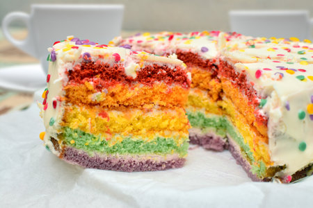 Slice of colorful rainbow cake with white frosting and sprinklesの写真素材