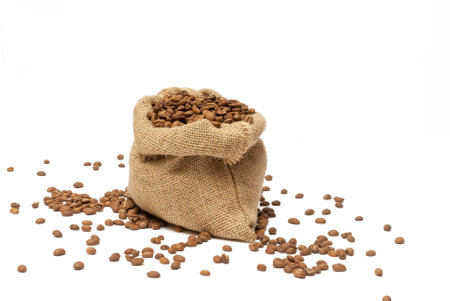 Jute bag full of roasted coffee beansの写真素材