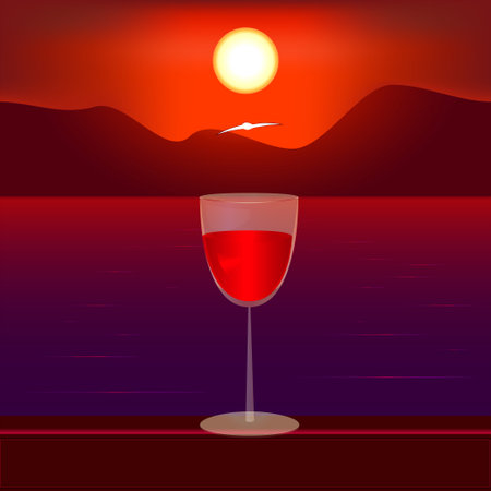 Glass of wine on a background of a sea landscape surrounded by mountains at sunsetのイラスト素材