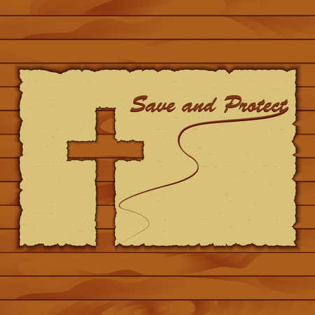 Vector image, christian cross carved out of the old paper on a wooden background for conceptual projects, for religion, greeting cardsのイラスト素材