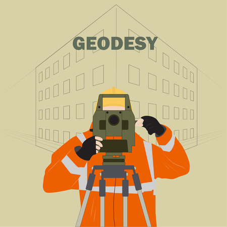 Occupation surveyor illustration depicting a man in work clothes with a theodolite instrument against the backdrop of the project at homeのイラスト素材