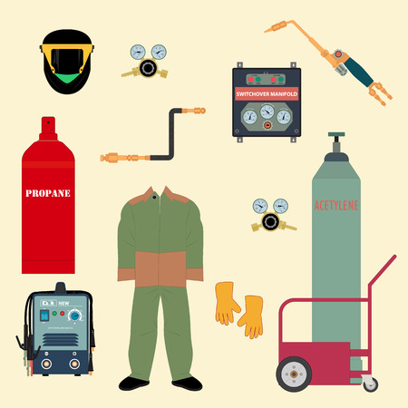 Welding equipment and protective clothing for gas welding and electric welding. Set of vector icons in flat style.のイラスト素材