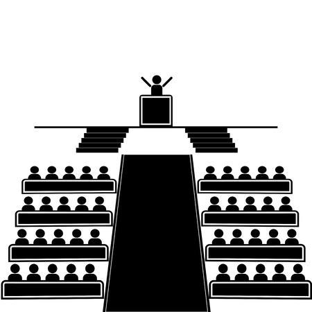 Stick in the public hall. A large number of people sitting in the hall listening to the speaker.のイラスト素材