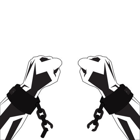 Hands in shackles tear chains. Vector sketch in black-white tones.のイラスト素材