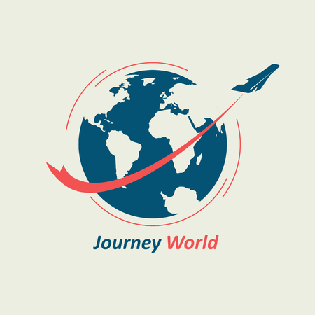 The plane flies around the globe, leaving behind a red line. The logo symbolizes the travel company.のイラスト素材
