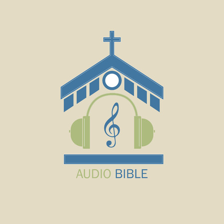 Christian vector logo for music radio stations. In the center of the church, headphones and a treble clef symbolize the audio Bible.のイラスト素材