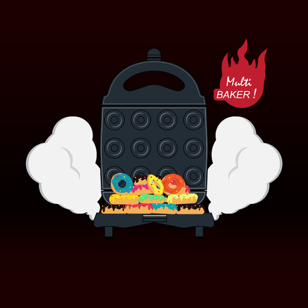 Electric waffle maker for baking donuts, wafers and a variety of desserts. Vector image of a multiplexer with colorful fried donuts.のイラスト素材