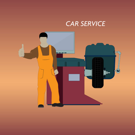 Vector illustration of a car service for balancing car wheels. The worker stands on the background of tire fitting equipment.のイラスト素材
