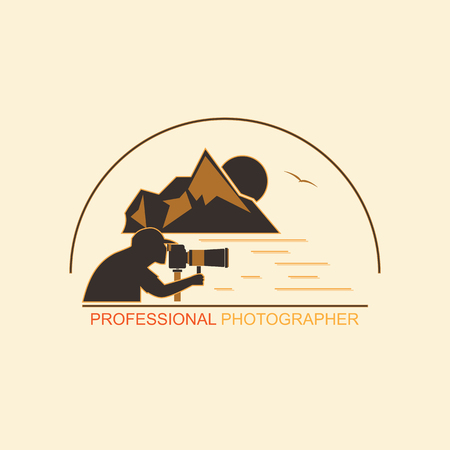 Silhouette of a man with a camera on the background of mountains and the sea. Emblem for professional photographers on a white background.のイラスト素材
