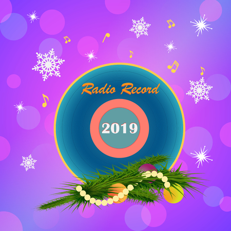 Radio greeting card Happy New Year. Vinyl record and Christmas tree branch, with Christmas toys on a colorful background with snowflakes and musical notes.のイラスト素材