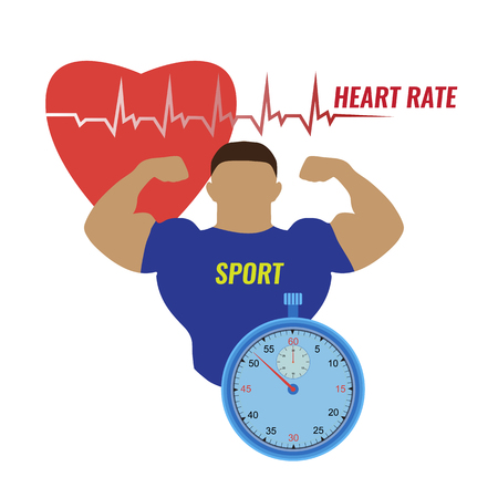Vector illustration of a strong man and the work of his heart, measured with the help of a stopwatch on white background. Sport and heart rhythm on a stopwatch.のイラスト素材