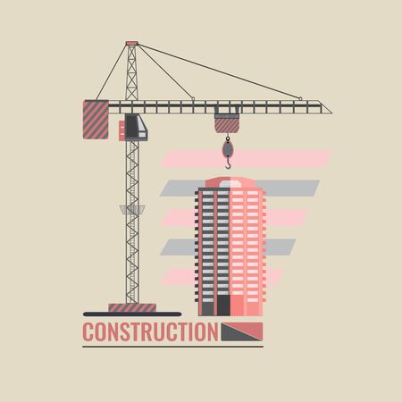 Construction crane and residential building on the abstract background. The emblem is made for construction companies and corporations. Vector illustration template designのイラスト素材