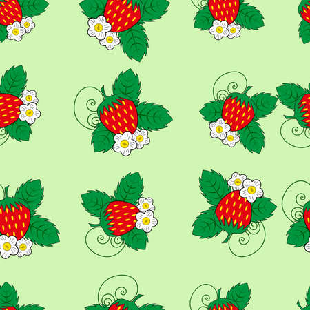 The pattern consists of attributes of a summer and autumn garden and forest, strawberry berries with leaves and flowers. Suitable for nature, summer, fruit and background printingのイラスト素材