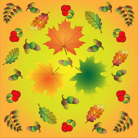 Autumn forest background with leaves, berries, acornsのイラスト素材