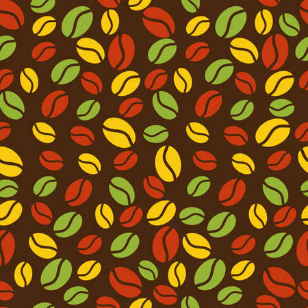 Pattern bright, colorful of red, green and yellow coffee beans on a dark brown backgroundのイラスト素材