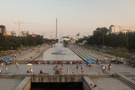 Quay and embankment and unfinished tower of the city of Yekaterinburg against the background of the river Isetのeditorial素材