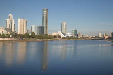 Quay and skyscrapers of the city of Yekaterinburg against the background of the river Isetのeditorial素材
