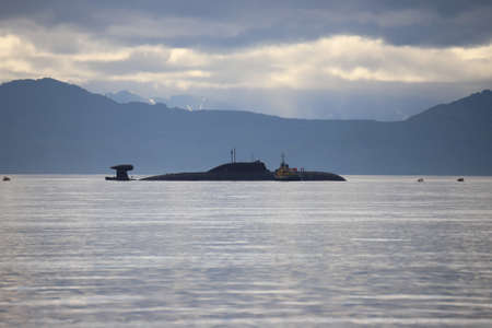 View of warships and landscapes of Avacha Bay, Petropavlovsk Kamchatskyの写真素材