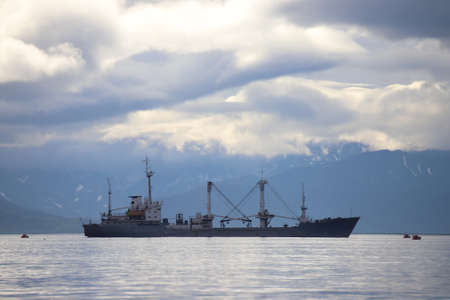 View of warships and landscapes of Avacha Bay, Petropavlovsk Kamchatsky, Russiaの写真素材