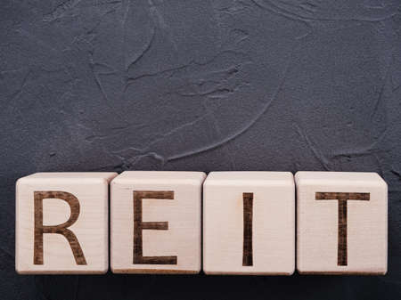 Text REIT on wooden blocks on gray concrete backgroundの写真素材